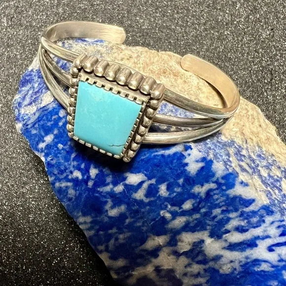 Vintage Sterling Silver turquoise Navajo cuff Bracelet by Carol Felley. - Picture 2 of 15